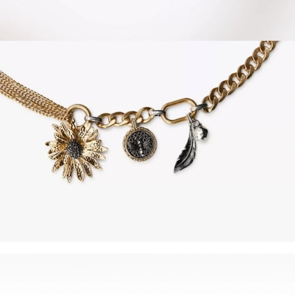 Zara NWT sz 34 Mixed Metals Flower Charm Belt - adjustable
